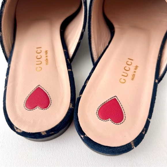 GUCCI | Navy GG Monogram Velvet Princetown Mules Horsebit Loafers Slip On 37.5 - Picture 5 of 9